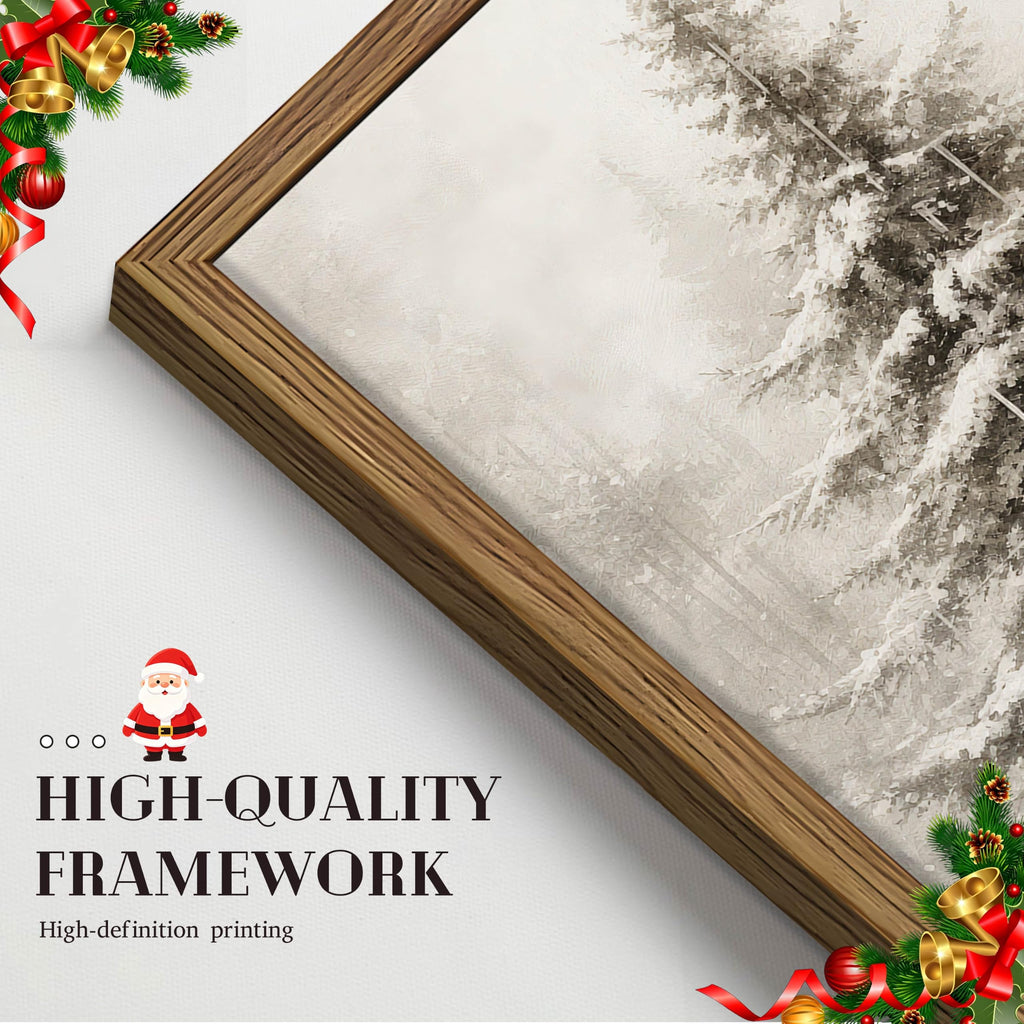 Framed Vintage Christmas Tree Wall Art, Rustic Farmhouse Pine Tree Canvas Wall Decor Paintings, Winter Snowy
