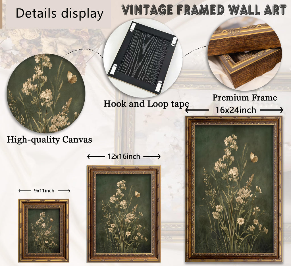 Vintage Gold Framed Botanical Wall Art Dark Green Botanical Floral Painting Picture Wall Decor Simple Cottagecore