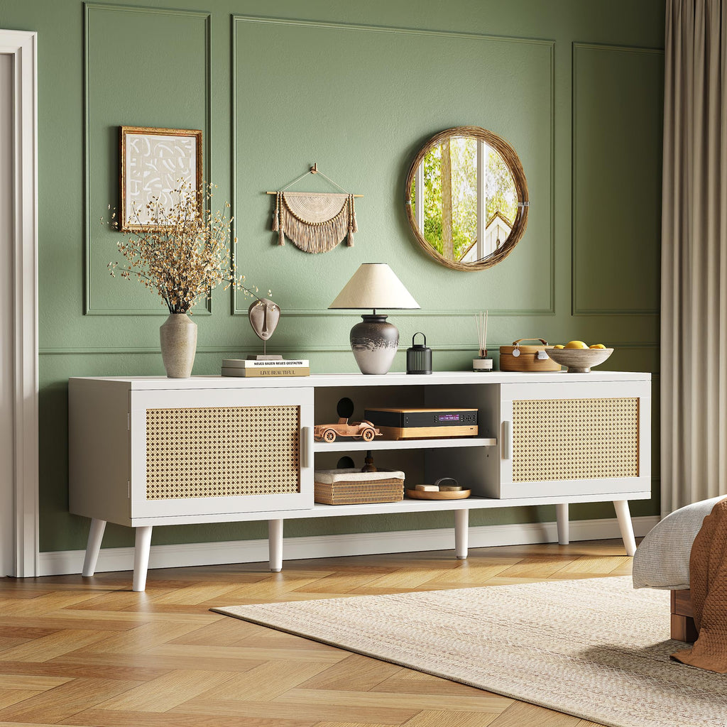 TV Stand for 65 Inch TV, Entertainment Center with Adjustable Shelf, Rattan TV Console with 2 Cabinets, Media