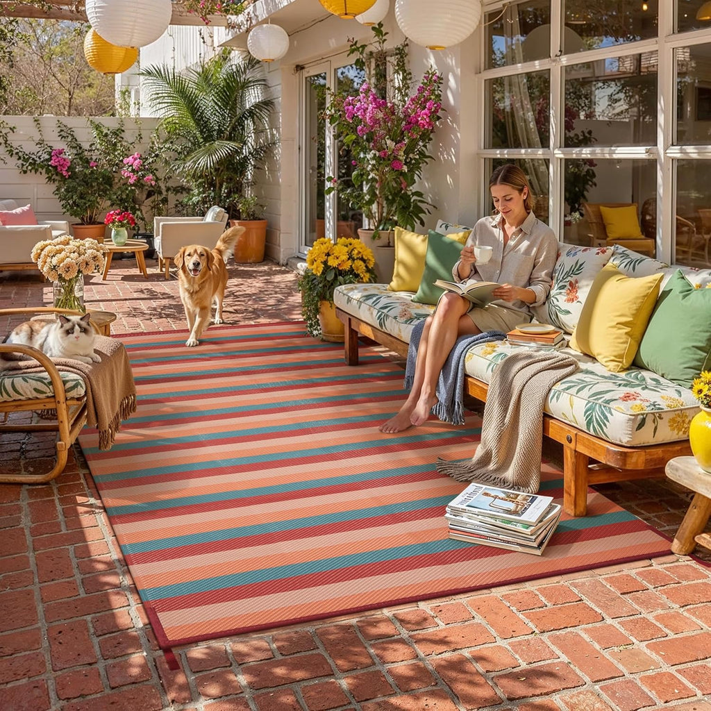 Outdoor Waterproof Patio Rug 8x10 Plastic Straw Reversible Outside Orange Red Colorful Striped Carpe