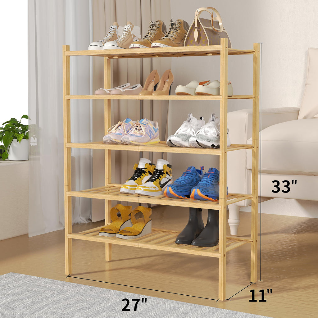 5 Tier Bamboo Shoe Rack for Closet Free Standing Wood Shoe Shelf Small Space Stackable 27"x11"x33" (Natural)