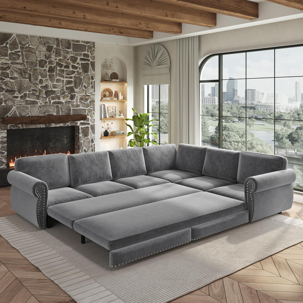 118" Sleeper Sofa Bed, Sectional Couches /Apartment, Chenille L Shaped Couch with Pull Out Couch Bed, Convertible