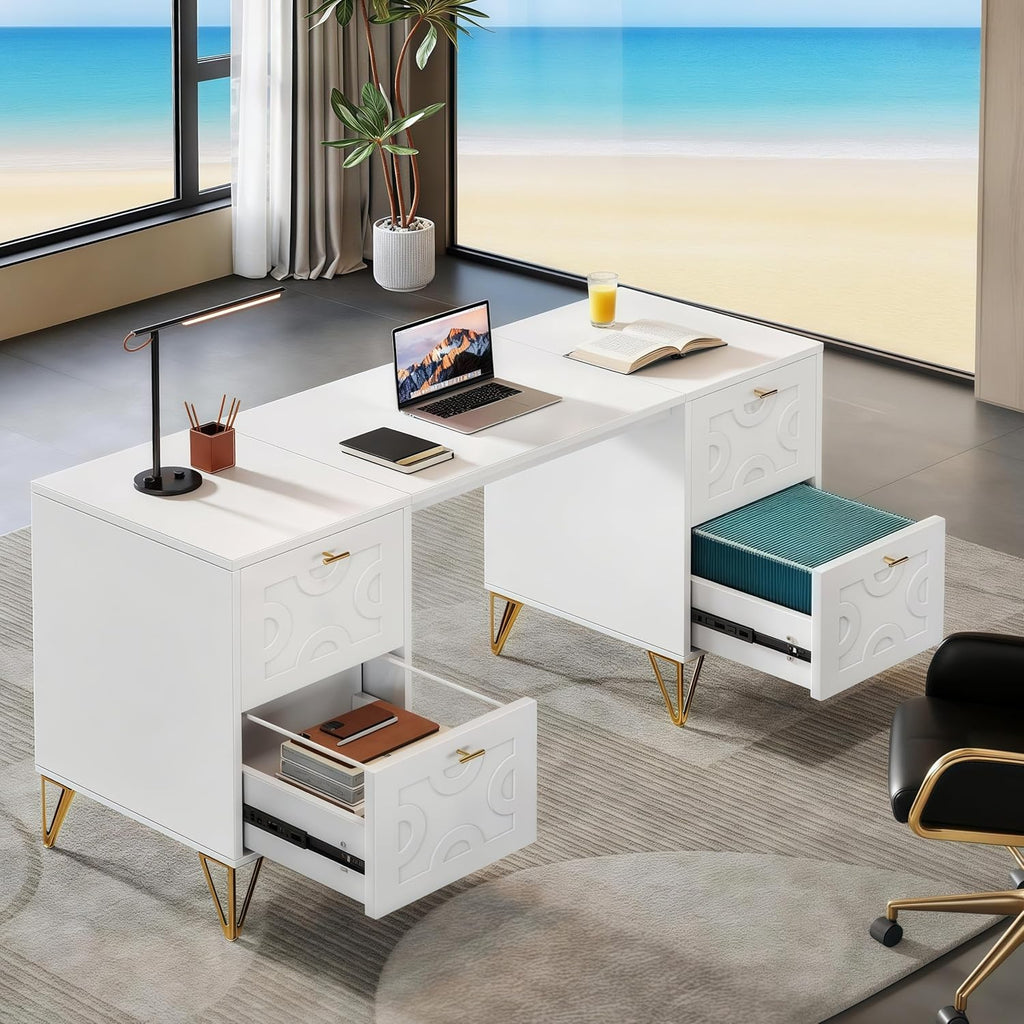 White and Gold Computer Desk, 59'' Modern Writing Table with File Drawers