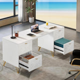 White and Gold Computer Desk, 59'' Modern Writing Table with File Drawers