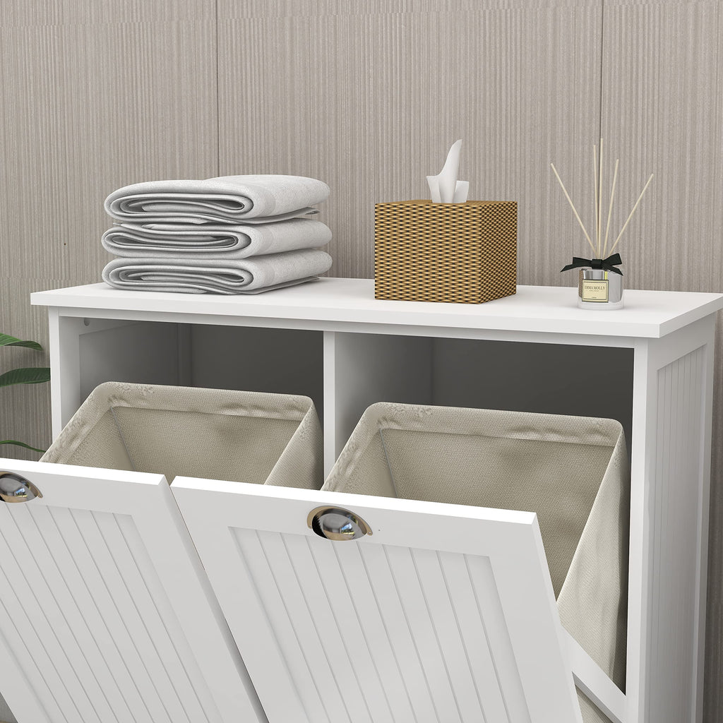 Tilt Out Laundry Hamper Cabinet with Removable Basket, Double Hidden Laundry Hamper, Wood Bathroom Storage, Free