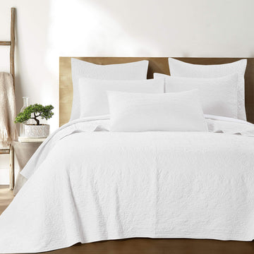 By - Emory Quilt Set -King Quilt + Two King Pillow Shams - Microfiber Waffle Jacquard - Scroll Leaf - White - Quilt