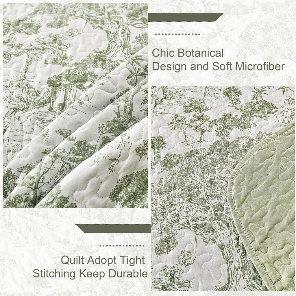 Botanical Quilt Set Queen, Sage Green 3 Pieces Floral Plants Printed Bedspread Bedding Set Soft Lightweight