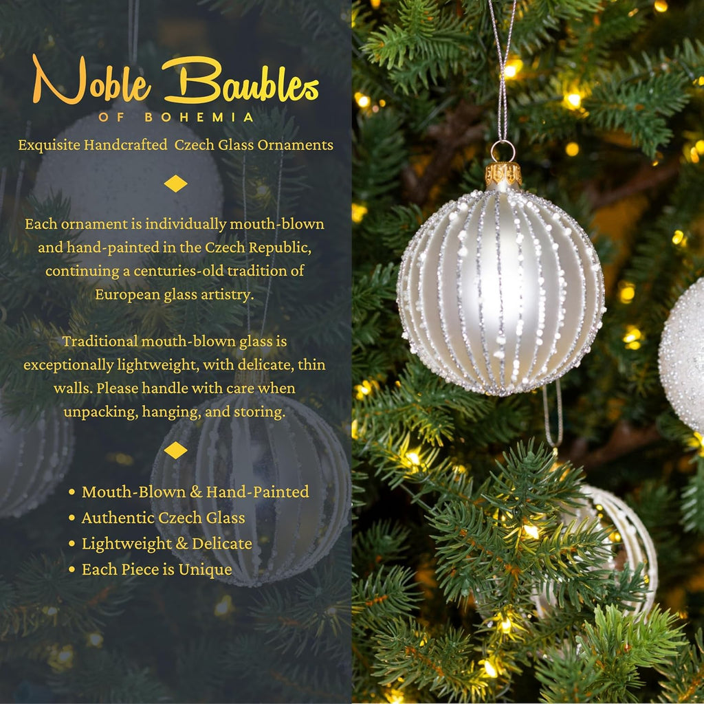 Luxury Handcrafted European Glass Christmas Ball Ornaments - Set of 6 - Silver & White - Frosted Luxe - 8 cm