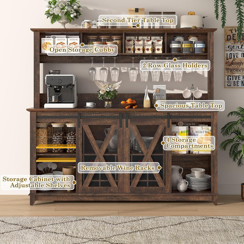63"Wide 58"H Farmhouse Coffee Bar Cabinet with Power Outlet and LED Light,Wine Bar Cabinet w/ 4 Storage Hutch,Kitchen