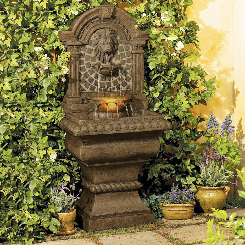 Royal Lions Head 51" High Large Italian Outdoor Decor Faux Stone Floor Fountain with Light Statue Waterfall Standing
