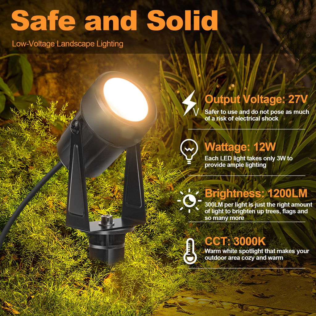 Outdoor Landscape Lighting Waterproof with 45.9FT Cable & built-in LED Light, Low Voltage 12W 1200LM Plug in Electric