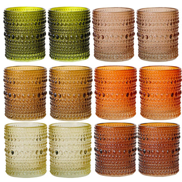 Glass Tealight Candle Holders Set of 12 - Brown Green Vintage Hobnail Votive Holders for Fall, Winter Wedding