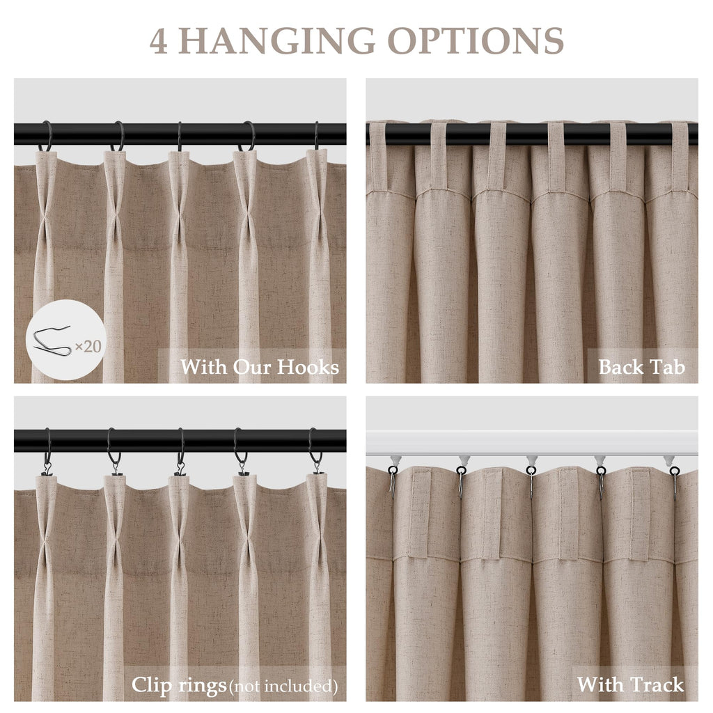 Sand Beige Pleat Linen Curtains 112 Inches Long Pinch Pleated Drape Hooks Rings Back Tab Semi Sheer Light Filtering