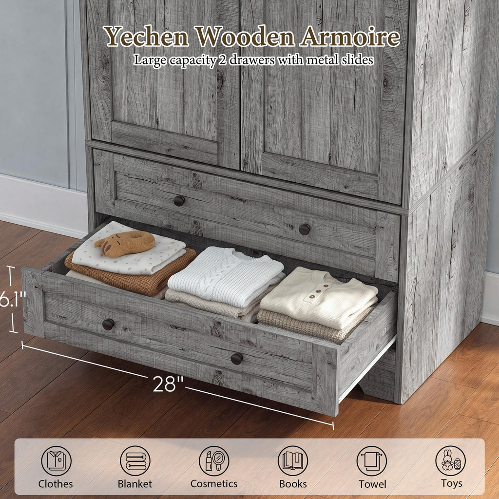 71" Wooden Armoire Wardrobe Closet Set of 2, 4 Doors & 4 Drawers