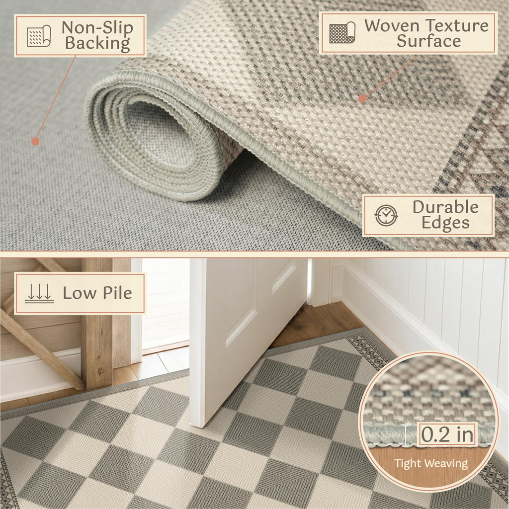 Diamond Corner Easy Jute Rug 4x6, Large Checkered Farmhouse Indoor Outdoor Patio Carpet for Backyard, Porch Decor