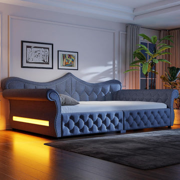 Queen Size Upholstered Daybed with LED Lights, Convertible Sofa Bed with Nailhead Trim, Tufted Design, Wooden Frame