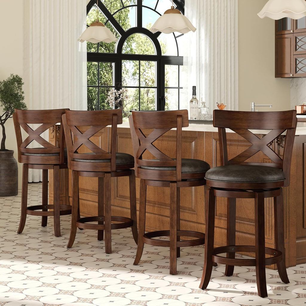 26 inch Counter Height Bar Stools Set of 4, Swivel Bar Stools with Back, Wooden Bar Chairs Faux Leather