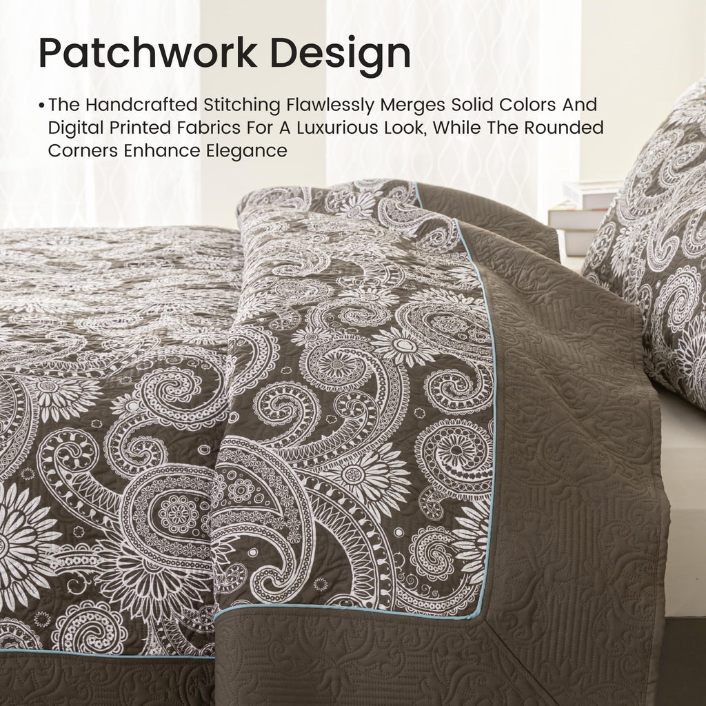 King, 3 PCS, Paisley Quilt Set, Brown Paisley