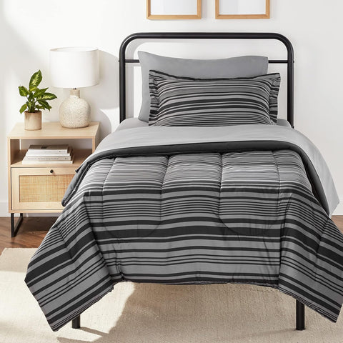 5-Piece Lightweight Microfiber Comforter Set with Sheets, Bed-in-a-Bag, Gray Calvin Striped Bedding, Twin/Twin XL