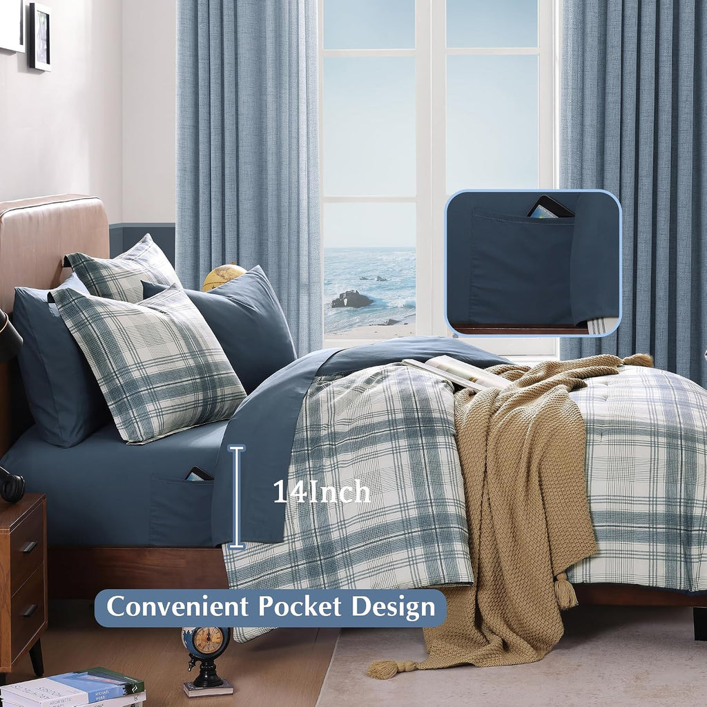 Full Comforter Sets, Blue Grey Plaid Bedding Set 7 Piece for Boys Girls Teen, Classic Homestead-Style Kids Comforter