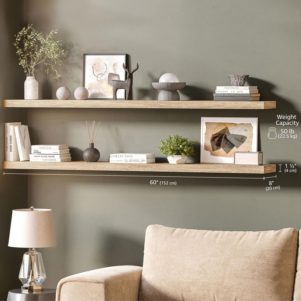 Floating Shelves for Wall, 60" Wood Wall Shelf Set of 2, with Invisible Brackets, 8" Deep, Oak Finish