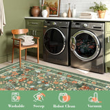 2x10 Extra Long Hallway Runner - Green Boho Washable Rug with Non-Slip Backing, Vintage Floral Low P