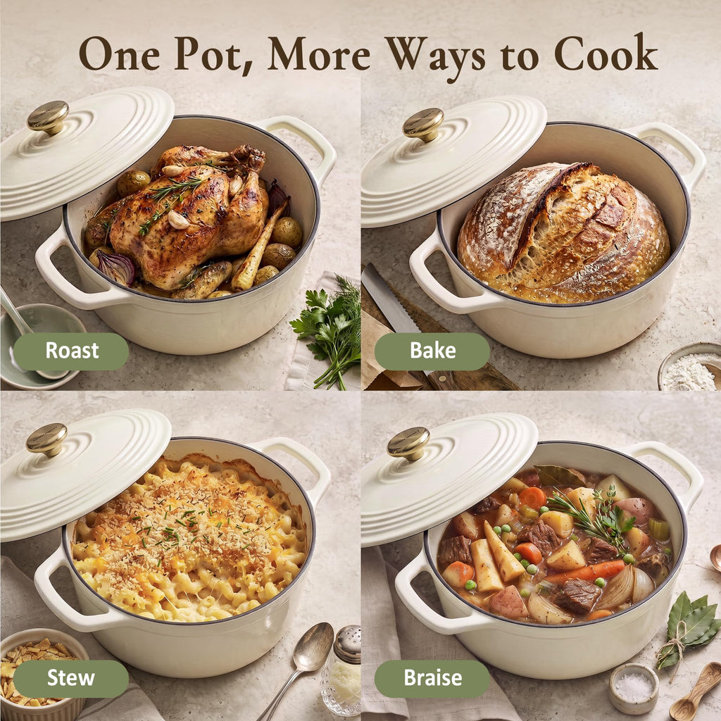Enameled Cast Iron Dutch Oven - 5.5QT Pot with Lid Cookbook & Cotton Potholders - Heavy-Duty Cookware for Braising