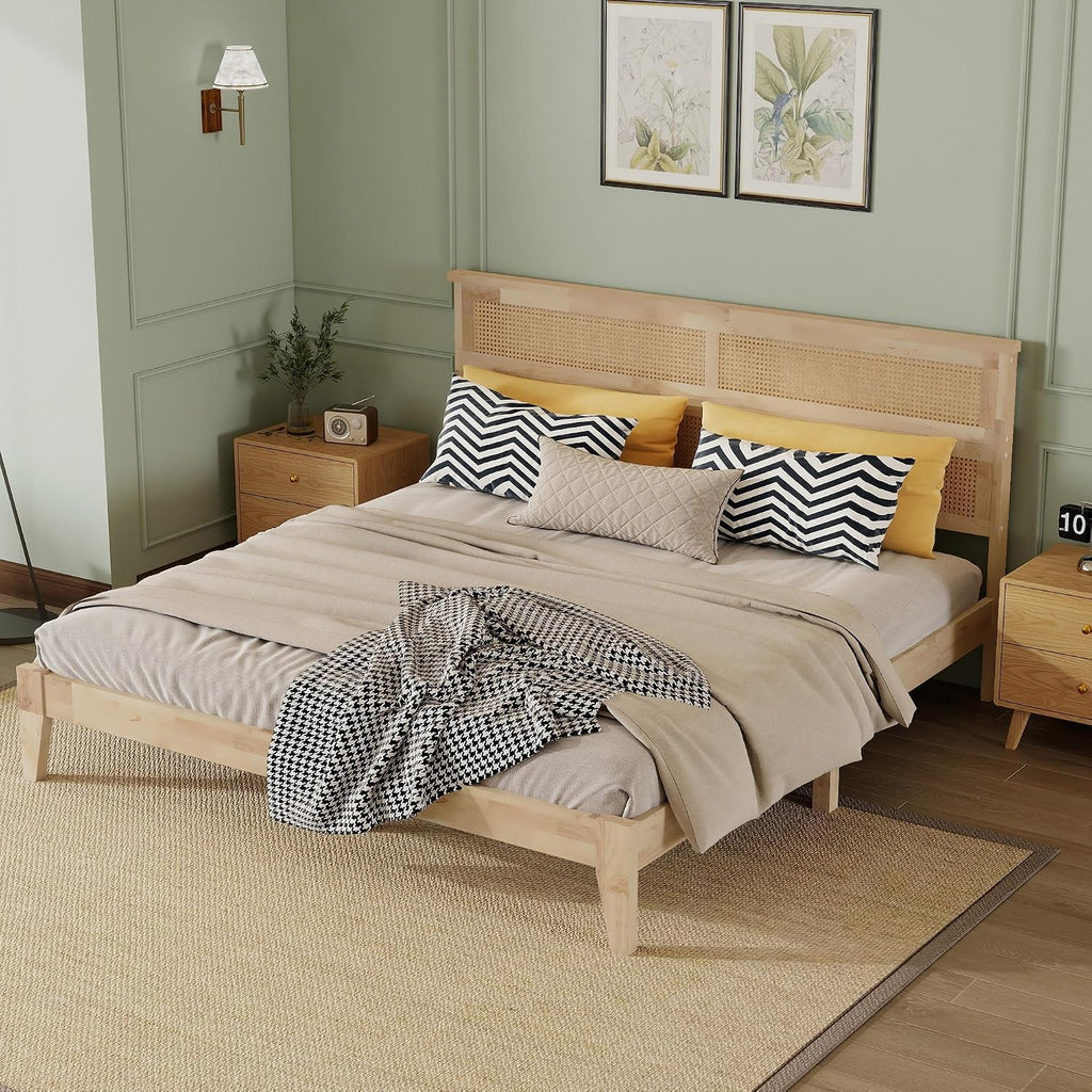 King Solid Wood Bed Frame with Interwoven Rattan Headboard, Rubber Wood Platform Bed with Underbed Storage Space
