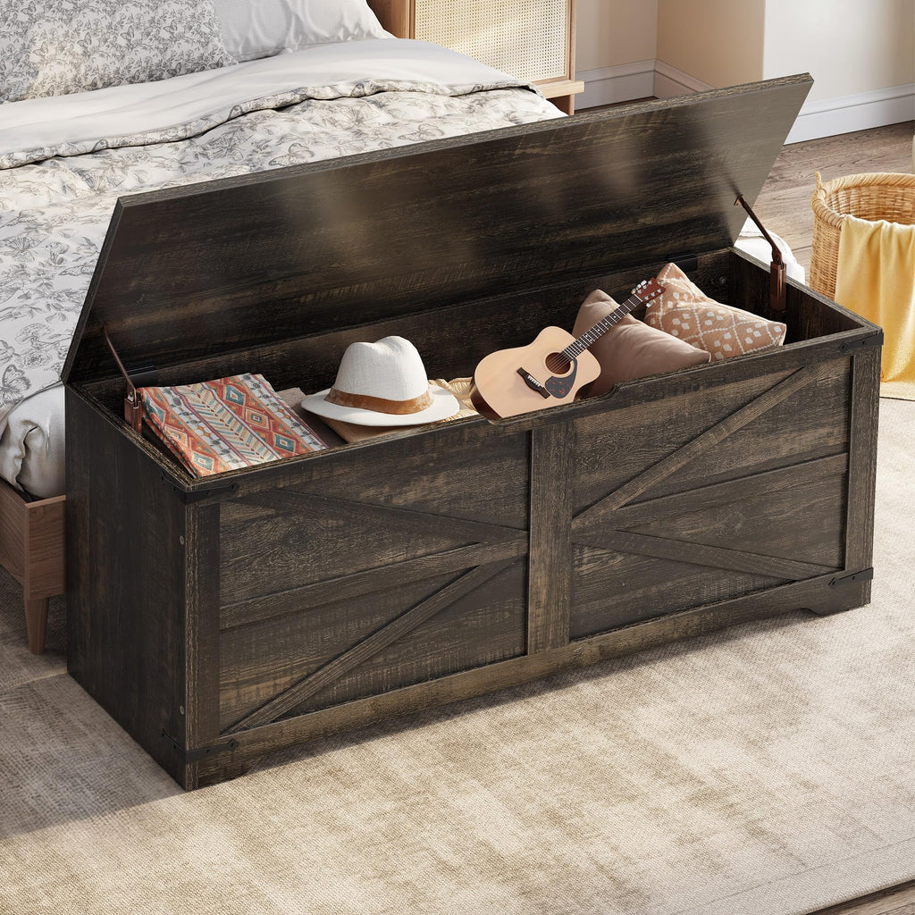 Storage Bench, 47.2" Farmhouse Storage Chest with 2 Safety Hinges, Wooden Storage Organizer, Shoe Bench, Dark Rustic