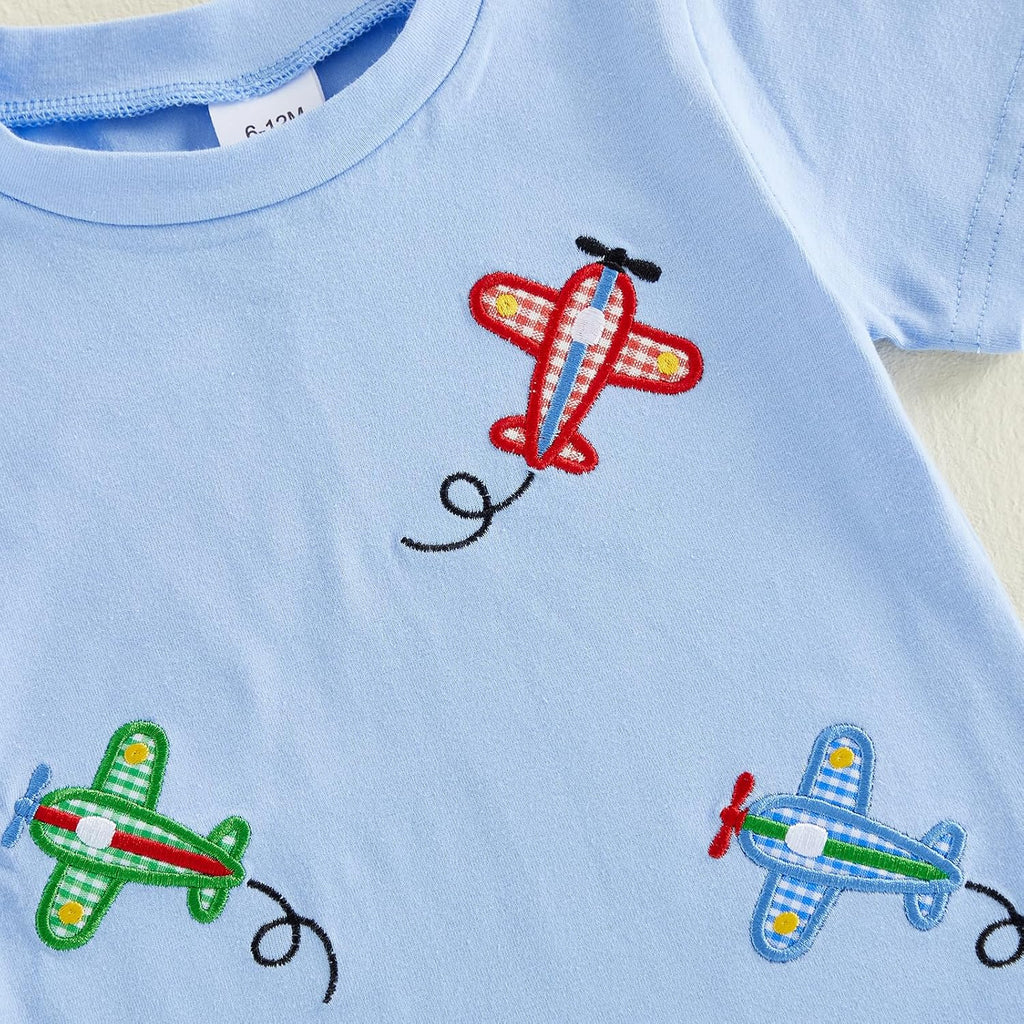 Toddler Boy Summer Outfits Baby Boy Airplane Short Sleeves T-Shirt Plaid Shorts Set Infant Boy Clothes Set