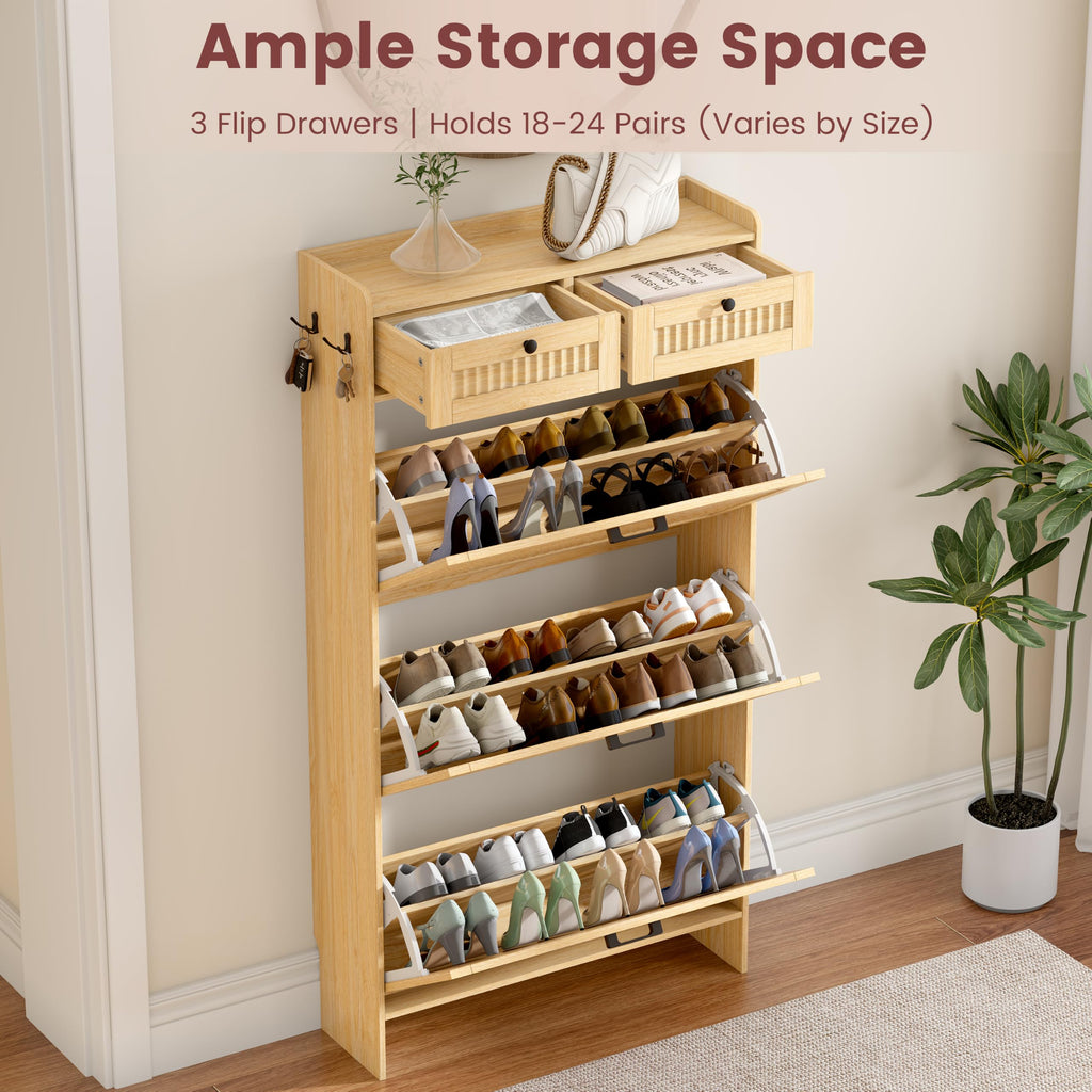 Fluted Shoe Cabinet, 3 Flip & 2 Top Drawers, Oak