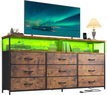 55" W Dresser with 9 Drawers LED TV Stand with Power Outlets for 45, 55, 65 Inch TV Sturdy Long Chest of Drawers with