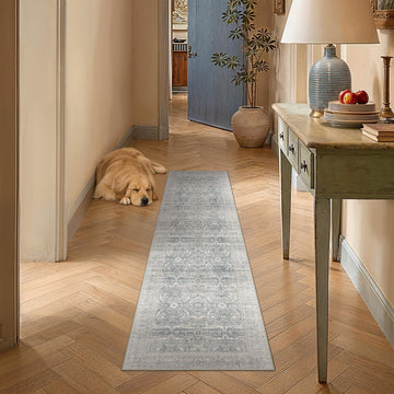 2x6 Rug Blue Beige Vintage Distressed Washable Runner Rug