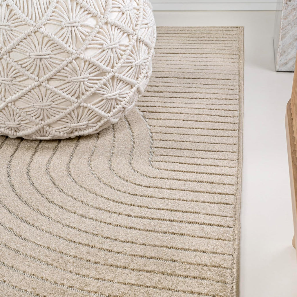 Hallie High-Low Curve Beige/Cream 8x10 Indoor/Outdoor Area Rug, Minimalist, Japandi, Geometric, Pet Friendly