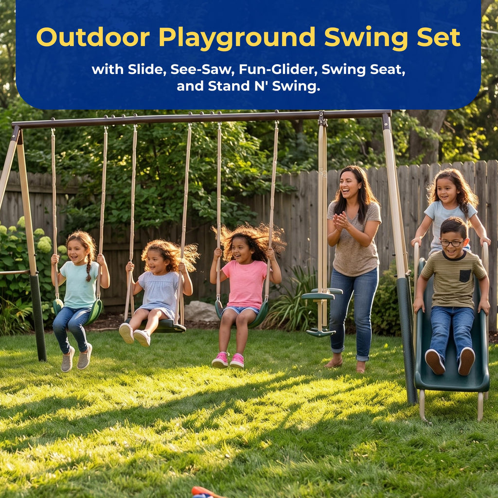 Crestview Metal Swing Set with 2 Swings & Slide, Green/Tan