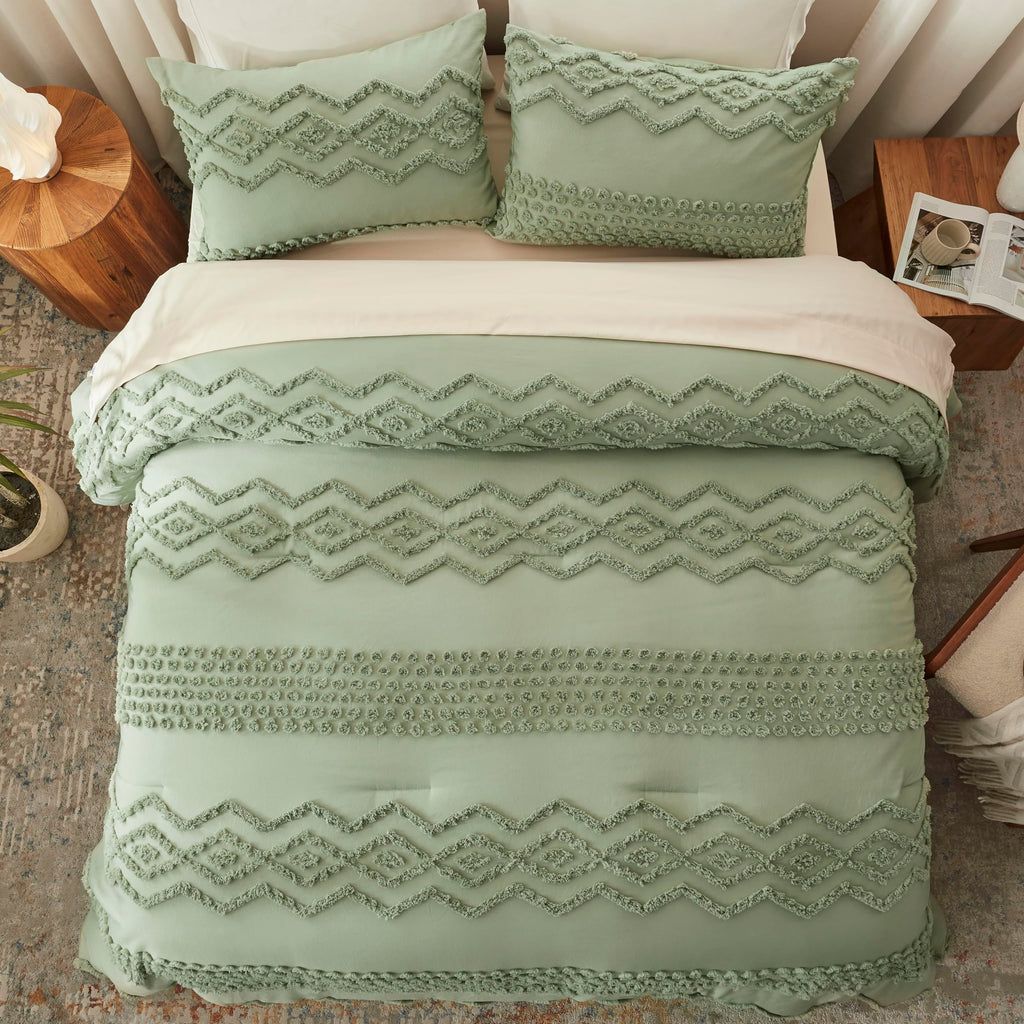 Sage Green Tufted Comforter Set, 3 Pieces King Boho Bedding Set