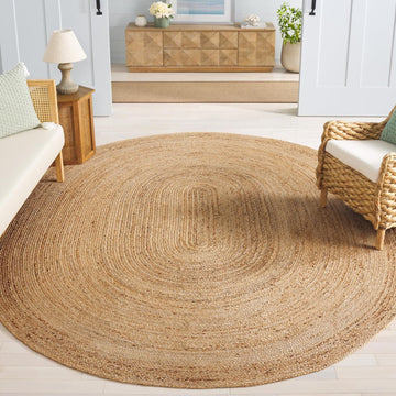 Area Rug 8' Round - Cape Cod Collection- Large - Natural Brown, Handmade Braided Flat Weave Jute (CAP252A)