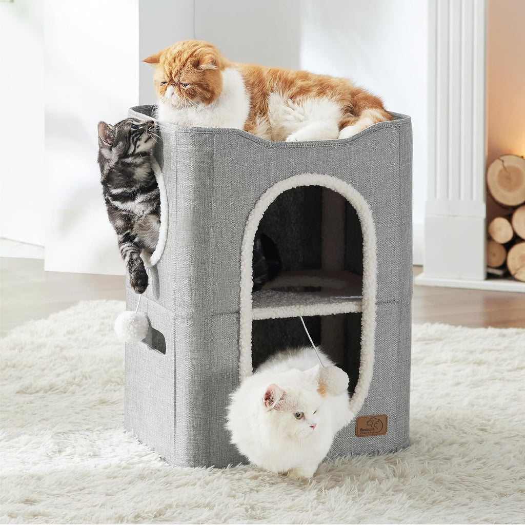 2 Story Cat House for Indoor Cats with Scratch Pad, 18x14x23 Grey