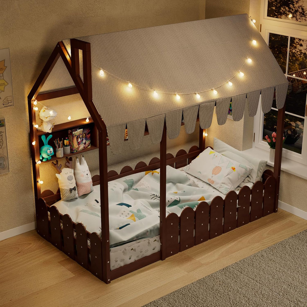 Kids Wood Floor House Bed with Fence and Storge Shelves