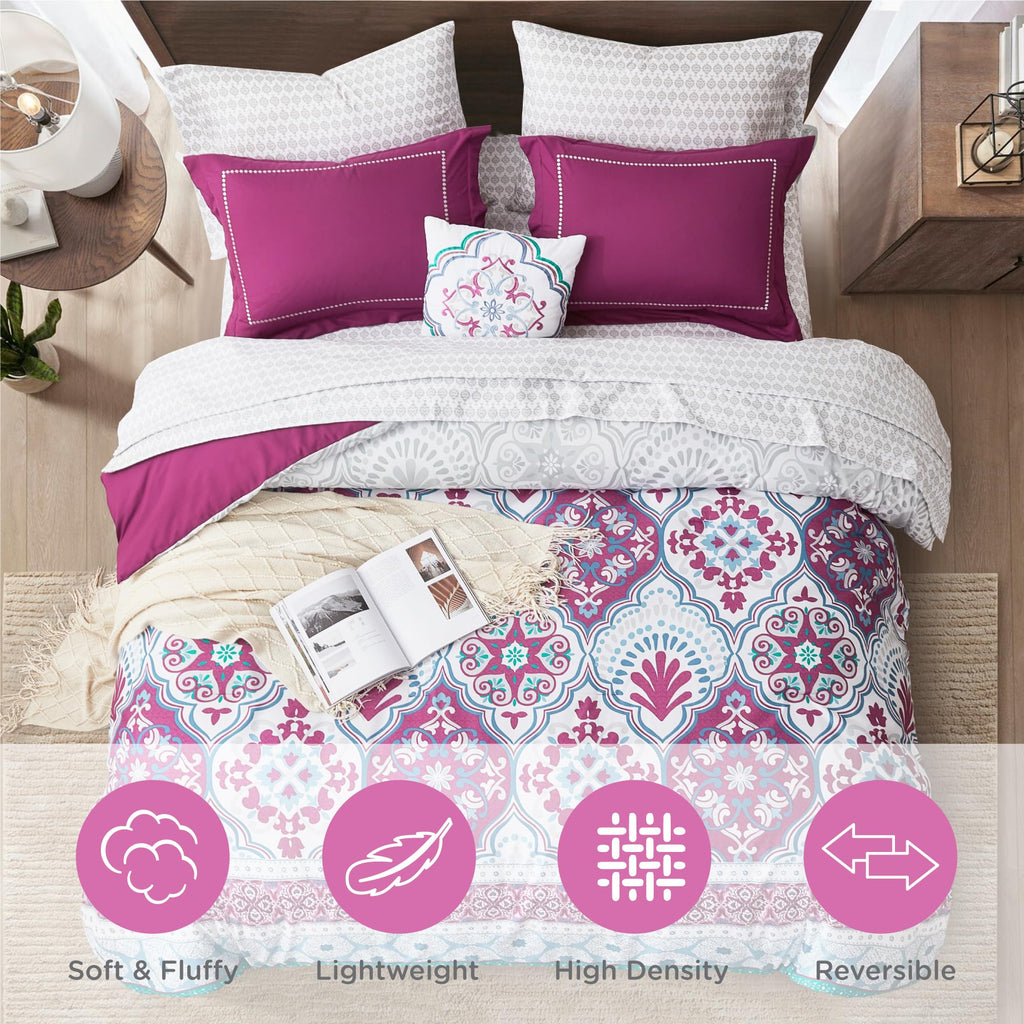 Twin Complete Comforter Sets, Lattice Boho Bed in A Bag, Microfiber Bedding Set with Side Pockets, Matching Decorative