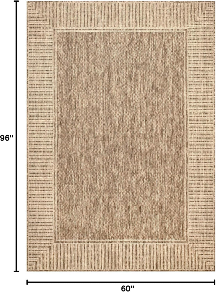 Asha Light Brown Bordered Indoor/Outdoor Area Rug, 5' x 8'