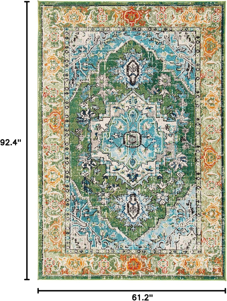 Monaco Collection Area Rug, Green & Turquoise, Boho Oriental Medallion Design, Non-Shedding & Easy
