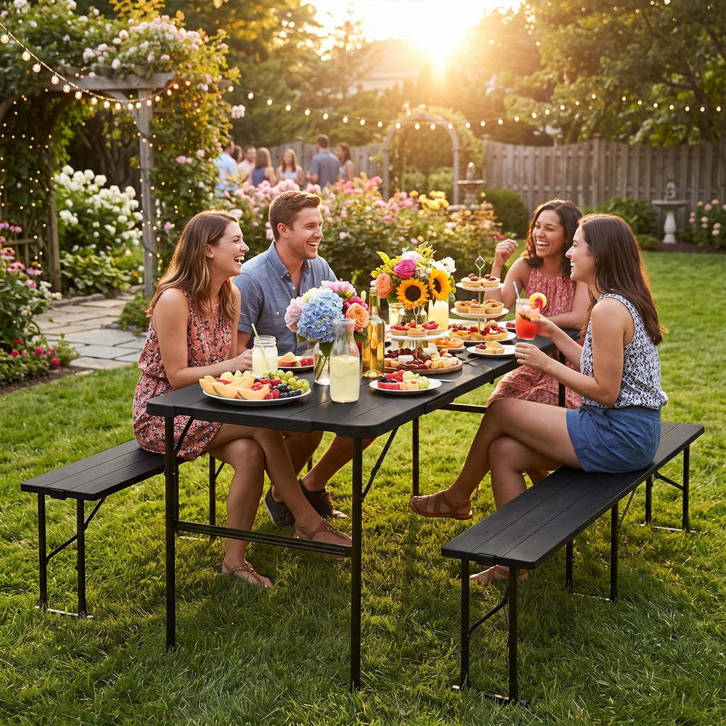 Folding Table Set with 2 Benches, 5.8 FT Camping Picnic Table Set, Outdoor Indoor Portable Furniture for Working