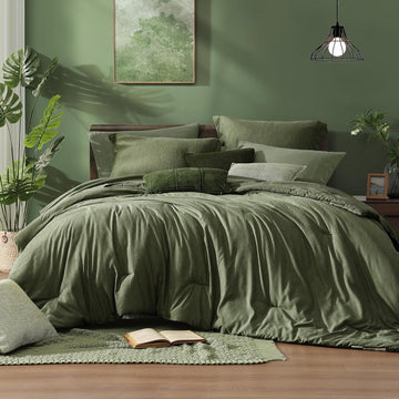 Monbix Comforter Set, Olive Green Bed Set Reversible, Comforter Set 7 Pieces