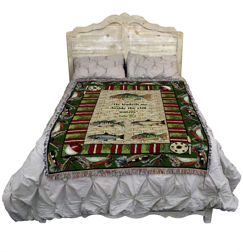 Gone Fishing Psalm Blanket - Scriptures - Psalm 23:2 - Religious Lake Lodge Cabin Gift Tapestry Throw Woven from
