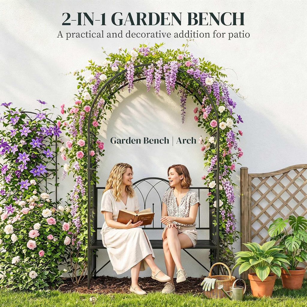 Metal Trellis Arbor Arch with Garden Bench Steel 484 lbs. Black | Climbing Plants, Grow Grapes & Vines, Patio Decor