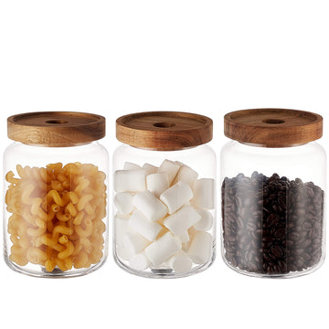 3pcs(28oz X 3) Clear Glass Food Jars/Canisters with Airtight Seal Acacia Wood Lids /Bathroom/Pantry Storage, Serving