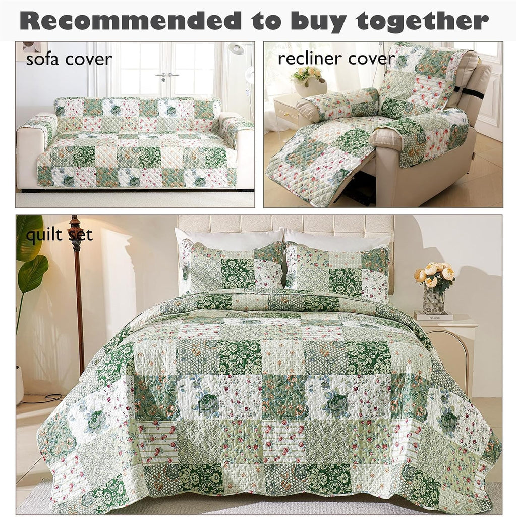 Skidproof Sofa Cover-Green Sofa Slipcover with Elastic Straps-Easy Fit Slip Cover-Patchwork Washable Furniture