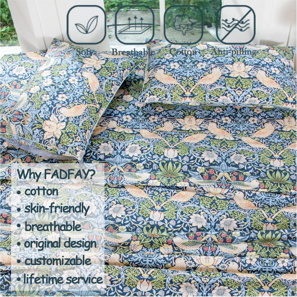 King 100% Egyptian Cotton Sheets Set 4 Piece, Vintage Botanical Floral Bird Print, Luxury Soft Breathable Cooling