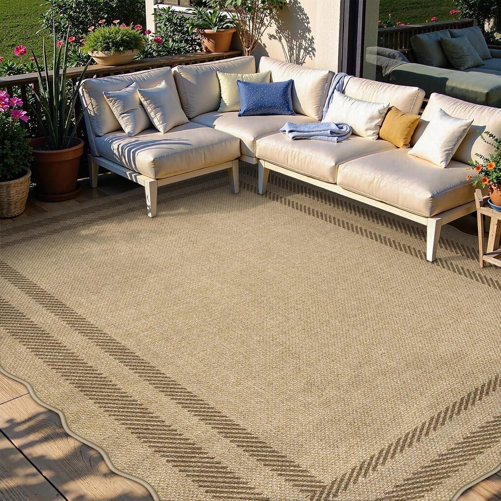 Scalloped Washable 8x10 Rug, Easy Jute Tan Rug , Indoor Outdoor Patio Non Slip Rugs , Geometric Farmhouse Dining Room